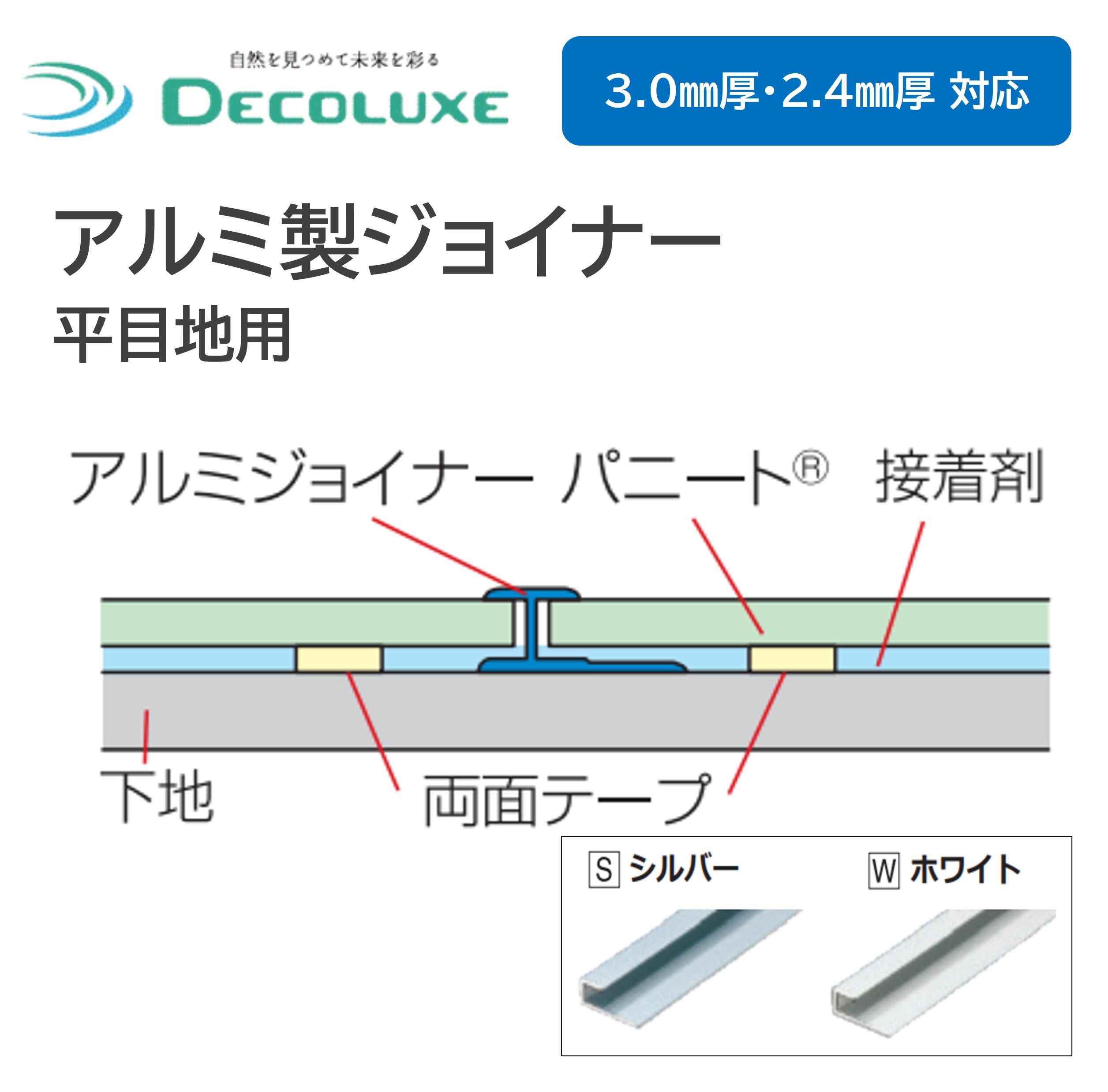 アルミ製ジョイナー 平目地用 JAH シルバー ホワイト L2730mm パニート モザイコ ...
