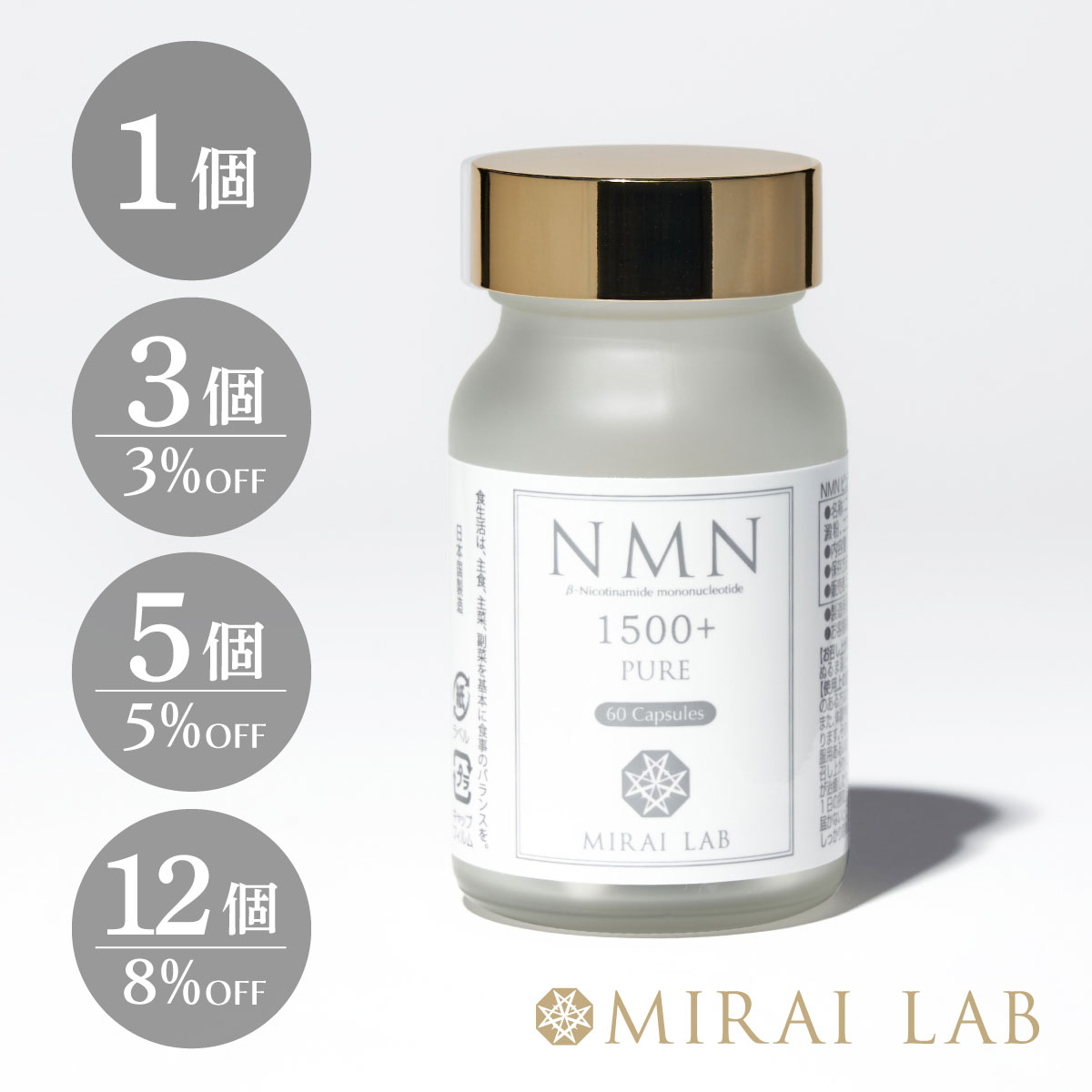 ミライラボ NMN PURE 1500プラス（60カプセル）1ヶ月分 NMN サプリ MIRAILAB 1500mg 高純度100% 国内製造 高品質 日本製 完全β型NMN 送料無料 メーカー直送