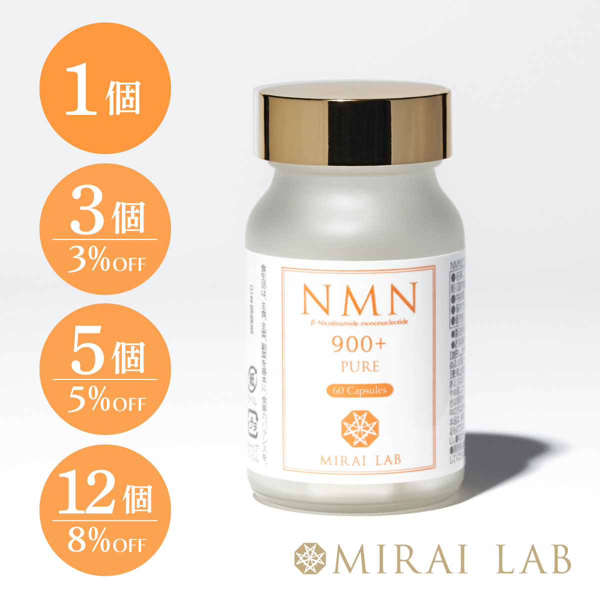 ミライラボ NMN PURE 900 プラス（60カプセル）NMN サプリ 900mg 1ヶ月分 高純度100% 国内製造 高品質 ニコチンアミドモノヌクレオチド MIRAILAB 日本製 美容 サプリメント 送料無料