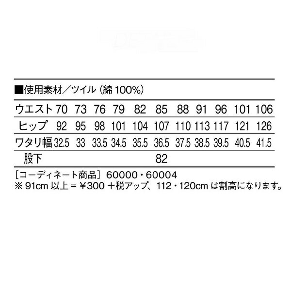 オールシーズン対応　秋冬用　自重堂　60002　91cm-106cm　作業服　作業着　作業ズボン ノータックカーゴパンツ　消臭抗菌　綿100％