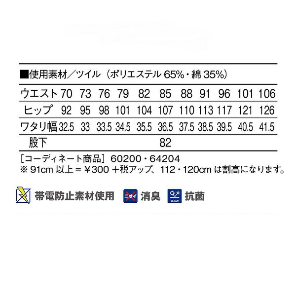 オールシーズン対応　秋冬用　自重堂　60201　112cm-120cm　作業服　作業着　作業ズボン ノータックパンツ　消臭抗菌　帯電防止素材使用