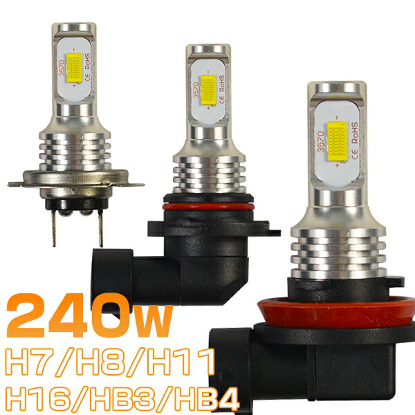 類似品にご注意 240W ledフォグランプ チップ48枚 H7 H8 H11 H16 HB3 HB4 ファンレス 簡単取付 ledバルブ 「2個入り」 ホワイト 1年保証 送料無料