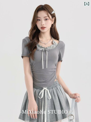 アメリカン レトロ ホルターネック フェイク セットアップ 半袖 Tシャツ レディース 夏 プリーツ スカートアメリカン風 ショートスリーブ ギャザー ウェストシェイプ アメリカン レトロ ホルターネック フェイク セットアップ 半袖 Tシャツ レディース 夏 プリーツ スカートアメリカン風 ショートスリーブ ギャザー ウェストシェイプ