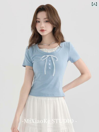 レディース トップス カレッジ ブルー フェイクレイヤード 半袖 Tシャツ レディース ユニーク 夏 ショートスリーブ カジュアル 小柄 レディース トップス カレッジ ブルー フェイクレイヤード 半袖 Tシャツ レディース ユニーク 夏 ショートスリーブ カジュアル 小柄