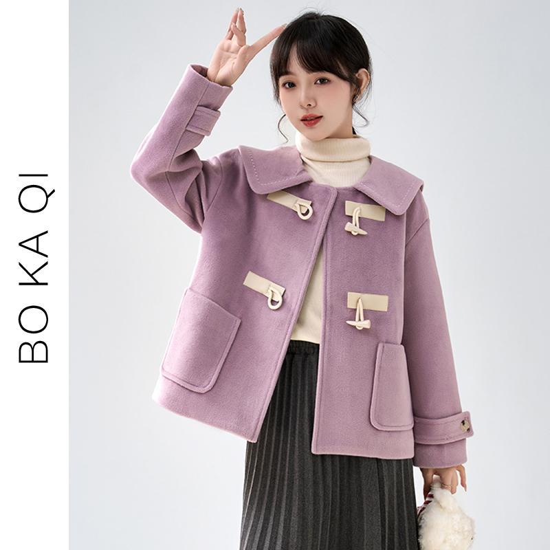 コート レディース ファッション 春秋 人形 襟 ホーンボタン 紫 ウール 女性 ガーリー カレッジ 小さい パッド入り ウール