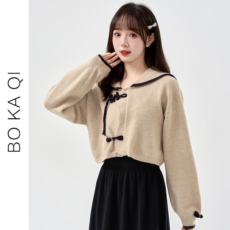 ジャケット レディース ファッション 春秋 カーキ 中華風 エスニック ニットカーディガン 女性 ガーリー カレッジ レトロ ボタン セーター