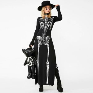 ワンピース ハロウィン コスチューム 長袖 ドレス スカル 骨プリント パンク ゴシック ブラック 黒 フェスティバル サブカルチャー お祭り クール ユニーク