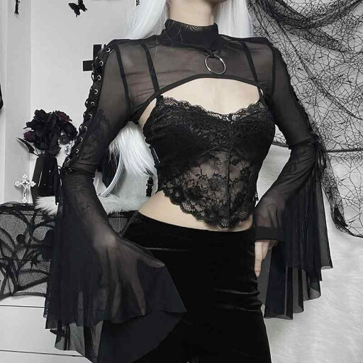 ハロウィン コスチューム ブラック ガール トップス 重ね着 シースルー 透け感 スリット レディース メッシュ アウター リボン セクシー イベント フェスティバル ファッション ハロウィン コスチューム ブラック ガール トップス 重ね着 シースルー 透け感 スリット レディース メッシュ アウター リボン セクシー イベント フェスティバル ファッション