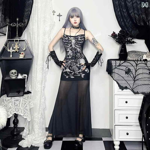 ゴシック 衣装 ハロウィン ドレス レディース ロングスカート 透け感 ガール タイト キャミワンピ カジュアル ドクロ モノクロ シースルー 透け感 セクシー パーティー 個性 レース ゴシック 衣装 ハロウィン ドレス レディース ロングスカート 透け感 ガール タイト キャミワンピ カジュアル ドクロ モノクロ シースルー 透け感 セクシー パーティー 個性 レース