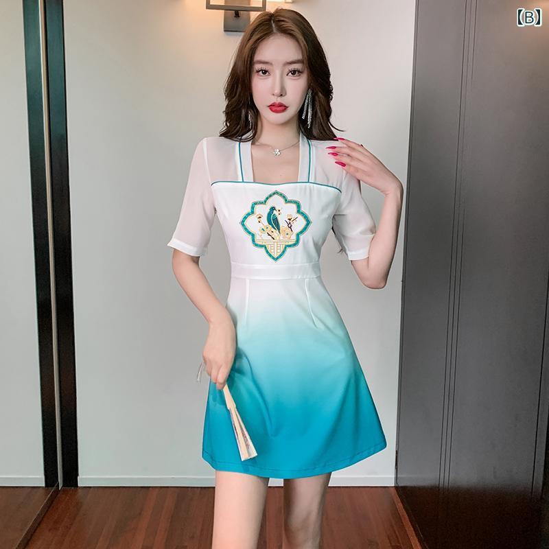 美容系 サロン 制服 接客 ユニフォーム レディース グラデーション ハイウエスト ワンピース 大人 キレイ目 おしゃれ ワンポイント 刺繍