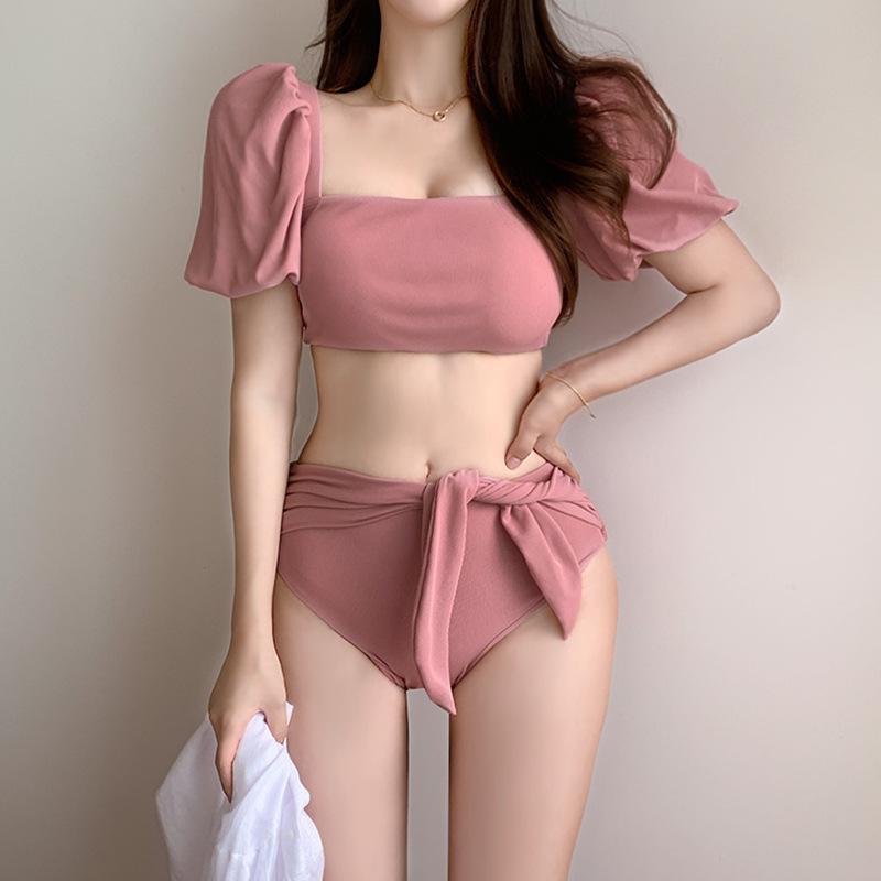 レディース 夏 水着 おしゃれ かわいい ビーチ リゾート プール 学生 カレッジ 大人女性 韓国 セパレート ハイウエスト バンド 袖 カバー 腕 フェミニン スリム