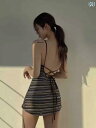 レディース 夏 水着 おしゃれ リゾート プール ビーチ 韓国 セクシー ストライプ スリム 見せ お腹 カバー 小胸 プッシュアップ 背中 開いた サスペンダー スカート スタイル ワンピース 温泉 海水浴