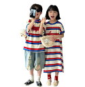 キッズ 子供服 メンズ レディース リンクコーデ Tシャツ ワンピース 夏 韓国 カラーボーダー 半袖 スカート ワンピース 姉弟 兄妹