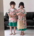 キッズ 子供服 メンズ レディース ペアルック 兄妹 姉弟 夏 韓国 ワンピース セットアップ カジュアル 半袖 グリーン 南国 リゾート