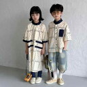 キッズ 子供服 メンズ レディース ペアルック リンクコーデ シャツ 夏 韓国 エスニック ドレス レトロ 半袖 兄妹 姉弟 衣装