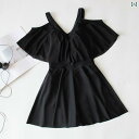 レディース 夏 水着 ワンピース かわいい スカート風 体型カバー ビーチ プール 海水浴 リゾート レジャー 女性用 ブラック ドロップ ショルダー スリーブ 大きいサイズ スリム 見え