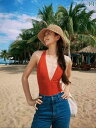 レディース 夏 水着 おしゃれ ビーチ プール 海水浴 リゾート レジャー 女性 レトロ ワンピース トライアングル 魅惑的 レッド スタイリッシュ ガール ディープ V スリム 見せ お腹 カバー 温泉 旅行 休暇