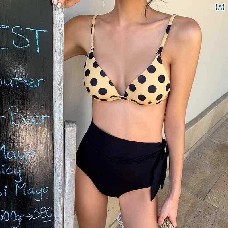 レディース 夏 ビキニ 水着 おしゃれ ビーチ リゾート プール レジャー 韓国 セパレート 水玉 セクシー 三角 ギャザー ハイウエスト お腹 カバー スリム 見せ スパ