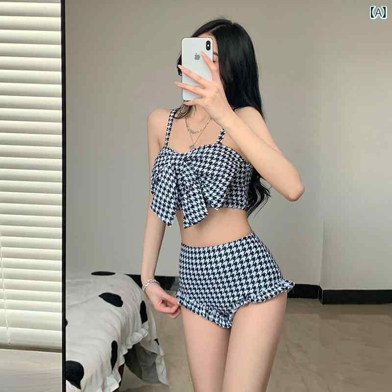 レディース 夏 ビキニ かわいい 水着 ガーリー ビーチ プール おしゃれ リゾート 旅行 サマー レジャー 海水浴 大人 学生 女性 フェアリー スタイル 保守的 セパレート リボン 千鳥格子 スリム 見せ お腹 カバー