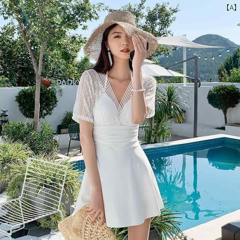 レディース 夏 水着 おしゃれ ビーチ プール 海水浴 リゾート レジャー 女性 サマー 魅惑的 V ネック 背中 開いた スリム 見せ お腹 カバー ワンピース 半袖