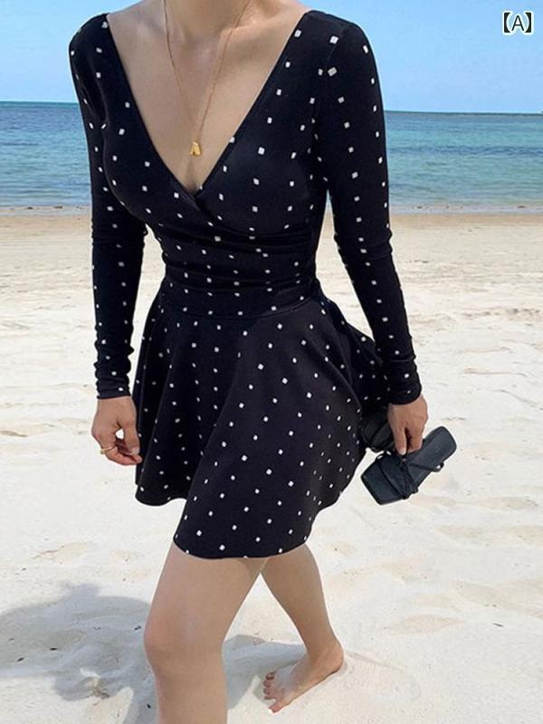レディース 夏 ワンピース 水着 かわいい スカート風 スイムウェア サマー レジャー プール リゾート 海水浴 女性用 セクシー 長袖 高級感 お腹 カバー 着痩せ 温泉