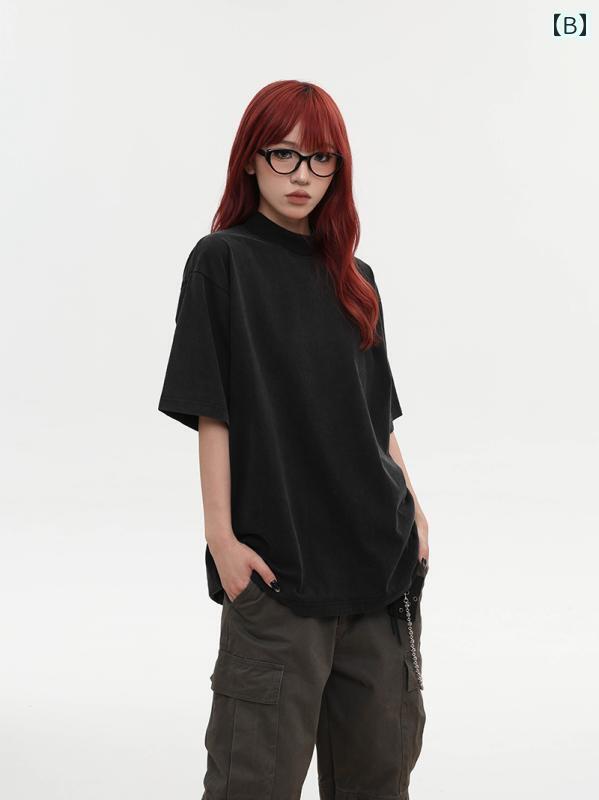 レディース メンズ カジュアル 夏 T シャツ ストリート おしゃれ アメリカン レトロ ハイエンド ソリッドカラー ボトム 半袖 タートルネック トップス