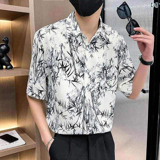 柄シャツ メンズ ファッション 夏 薄手 半袖 シャツ 五分袖 Tシャツ トップス フィット バンブー プリント 柄シャツ メンズ ファッション 夏 薄手 半袖 シャツ 五分袖 Tシャツ トップス フィット バンブー プリント