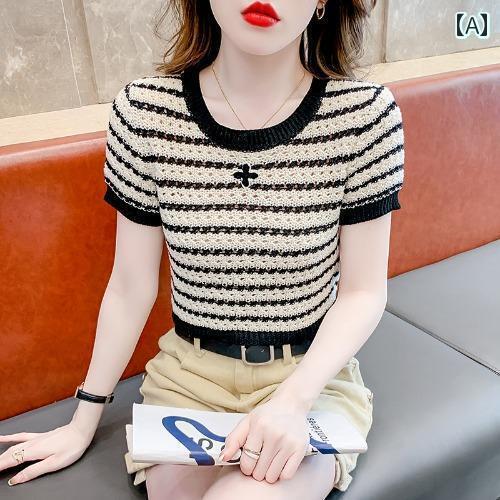 レディース 夏 トップス シャツ 大人 かわいい ガーリー サマー 婦人服 快適 冷感 ニット 半袖 ストライプ T スリム シック ショート レディース 夏 トップス シャツ 大人 かわいい ガーリー サマー 婦人服 快適 冷感 ニット 半袖 ストライプ T スリム シック ショート