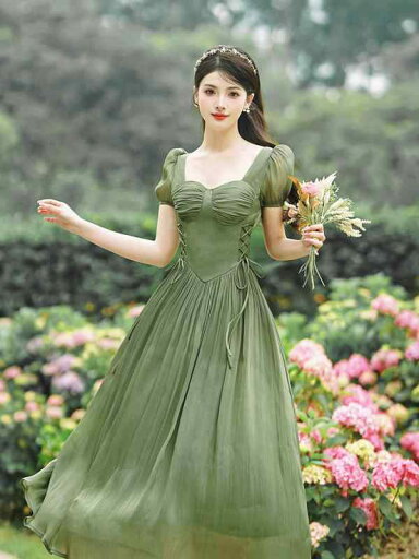 レディース 婦人服 ワンピース ドレス レトロ ウエストマーク フリル シフォン 夏 グリーン レディース 婦人服 ワンピース ドレス レトロ ウエストマーク フリル シフォン 夏 グリーン