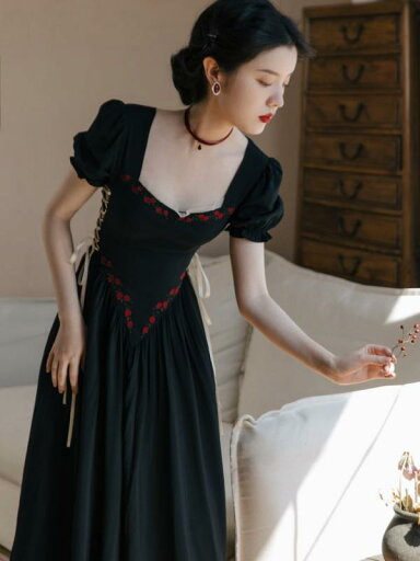 レディース 婦人服 ワンピース ドレス レースアップ レトロ フリル 夏 フレンチ 刺繍 パフスリーブ レディース 婦人服 ワンピース ドレス レースアップ レトロ フリル 夏 フレンチ 刺繍 パフスリーブ