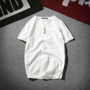 夏 韓国リネン 半袖 Tシャツ メンズ ヘンリーネック コットン リネン 吸汗性 薄手 通気性 大きめサイズ