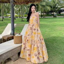 レディース リゾート ワンピース 女性用 ビーチ 旅行 写真撮影 衣装 スーパー フェアリー ホルターネック バック レス プリント ドレス 大きい スカート 最適(4)