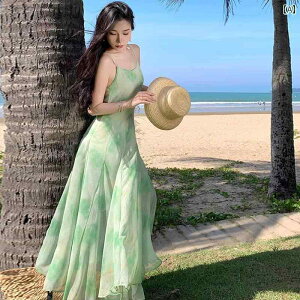 レディース 夏 リゾート ワンピース 背中 開いた 咲く プリント サスペンダー ドレス 女性 青海湖 海辺 ビーチ スーパー フェアリー