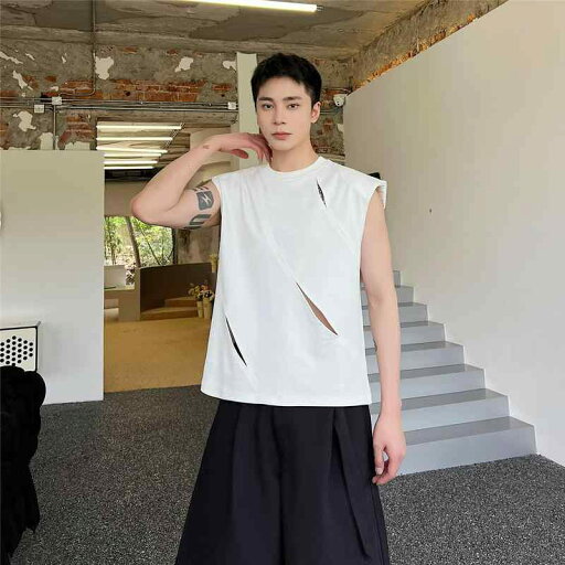 ノースリーブ 夏 穴 ショルダーパッド ベスト メンズ Tシャツ カジュアル トップ ラウンドネック ノースリーブ 夏 穴 ショルダーパッド ベスト メンズ Tシャツ カジュアル トップ ラウンドネック
