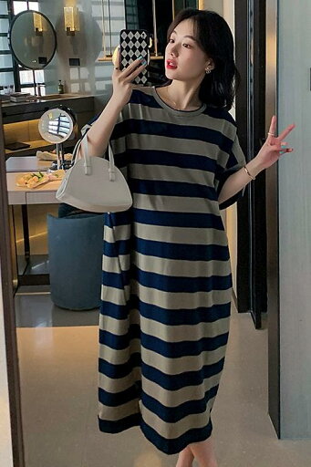 マタニティ 夏 薄手 綿 半袖 ロングスカート 大きめサイズ マタニティドレス ストライプ ラウンドネック ミモレ丈 マタニティ 夏 薄手 綿 半袖 ロングスカート 大きめサイズ マタニティドレス ストライプ ラウンドネック ミモレ丈