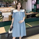 マタニティ 夏 ドレス 薄手 半袖 ベビー ドール カラーデニムスカート レディース 夏 韓国 プチ チュチュ スカート 妊婦 ファッション デニム ミモレ丈