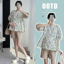 マタニティウェア 夏 スーツ 韓国 薄手 半袖 花柄 シャツ トップ ベリー サポート ショーツ セットアップ 夏 セット 妊婦