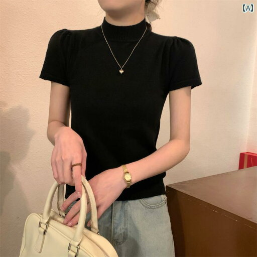 レディース サマー ニット t シャツ キャンディーカラー ハーフ タートルネック おしゃれ 女性用 パフスリーブ T スリム ショート トップス レイヤリング レディース サマー ニット t シャツ キャンディーカラー ハーフ タートルネック おしゃれ 女性用 パフスリーブ T スリム ショート トップス レイヤリング
