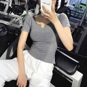 レディース スポーツ Tシャツ 夏 薄手 タイト フィットネス 半袖 セクシー ダンス スリム トレーニング ランニング ヨガ トップス ナイトウェア ルームウェア(4)