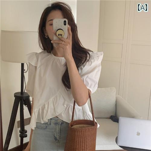 レディース トップス 韓国 シック レトロ 若々しい ラウンドネック ショート フリルシャツ サマー レディース トップス 韓国 シック レトロ 若々しい ラウンドネック ショート フリルシャツ サマー