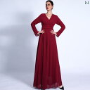 レディース エスニック ドレス ワンピース V ネック シフォン 長袖 クロス レース 大きい 裾 無地 ロング スカート イスラム 教徒