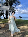夏 ファッション 中国風 おしゃれ 海辺 休暇 レディース ビーチ スカート フェアリー ロング スカート 夏 ライトシアン 立体 花 ホルターネック キャミソールドレス