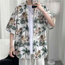 海南 島 服 ビーチ 半袖 シャツ メンズ ファッション アメリカン レトロ ヴィンテージ風 花柄 カップル プリント ゆったり レジャー 夏 ホワイト ブラック ポテッドカラー