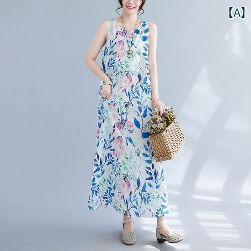 レディース 夏 ワンピース ノースリーブ ロング ビーチ リゾート シンプル ボヘミアン スカート ラウンドネック プリント ミディ ドレス レーヨン 膝上 レディース 夏 ワンピース ノースリーブ ロング ビーチ リゾート シンプル ボヘミアン スカート ラウンドネック プリント ミディ ドレス レーヨン 膝上
