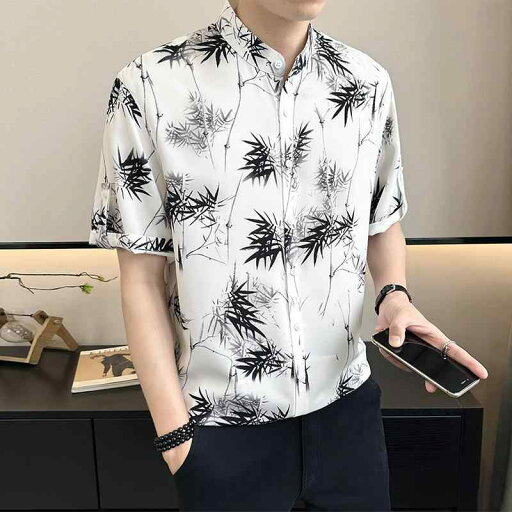 立襟 シャツ 中華風 紳士服 シャツ メンズ 半袖 夏 薄地 チャイナ風 プリント スタンドカラー 立襟 シャツ 中華風 紳士服 シャツ メンズ 半袖 夏 薄地 チャイナ風 プリント スタンドカラー