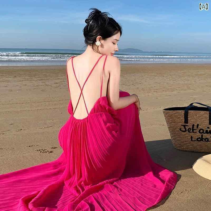 レディース 夏 リゾート ワンピース 海辺 休暇 写真撮影 エレガント 美しい シフォン ドレス フレンチ 魅惑的 バックレス プリーツ サスペンダー ロング スカート