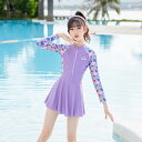 子供 水着 女の子 日焼け防止 長袖 速乾 ワンピース スイミングウェア ポリエステル スパンデックス 4XL5XL胸パッド付
