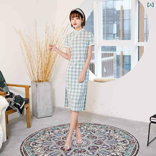 夏 チャイナ ドレス レトロ ワンピース パフォーマンス 撮影 衣装 中華風 春 レース 民族風 チェック柄 夏 チャイナ ドレス レトロ ワンピース パフォーマンス 撮影 衣装 中華風 春 レース 民族風 チェック柄