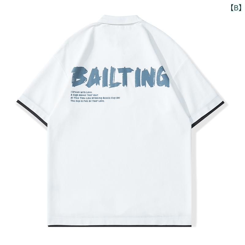 ポロシャツ メンズ アメリカ ストリート ファッション 半袖 ゆったり 大きめサイズ 夏休み セットアップ Tシャツ ファッション かっこいい ラウンドネック カジュアル