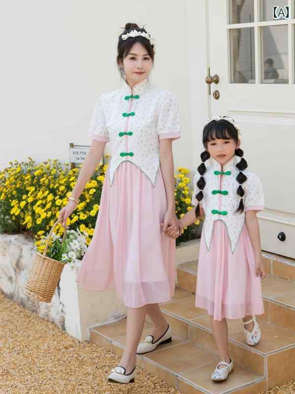 楽天カラフル365マーケット親子服 リンクコーデ レディース 大人 キッズ 子供 親子 お揃い ペアルック 家族 写真 夏 レジャー 旅行服 チャイナ風 漢 レトロ ドレス ワンピース